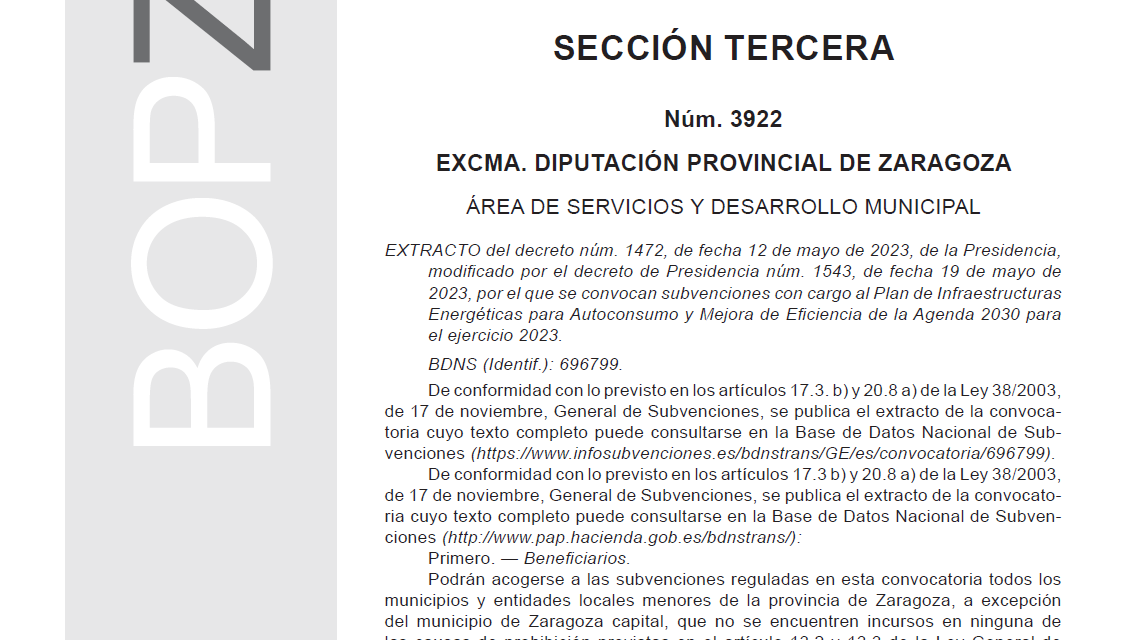 PLAN DE AYUDAS AL AUTOCONSUMO, COMUNIDADES ENERGÉTICAS Y EFICIENCIA ENERGÉTICA DE LA DPZ